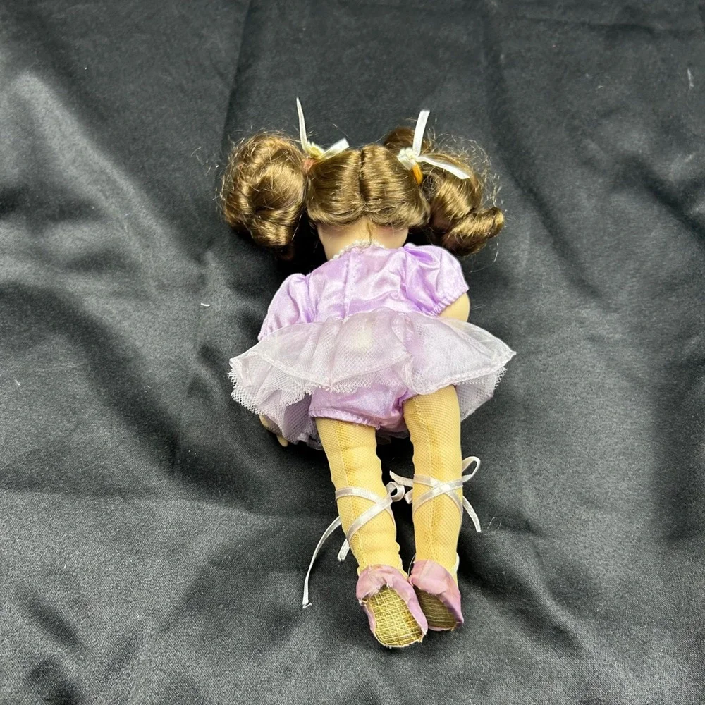 Vintage Miniature Porcelain Ballerina Doll Lavender Tutu Brunette Pigtails 8in